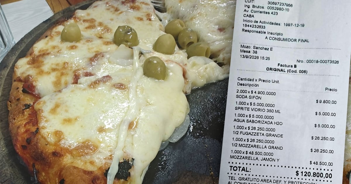 Una salida a El Cuartito: tres renglones de pizza y cuatro bebidas que totalizaron $120.800